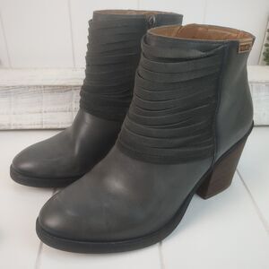Pikolinos Alicante Grey Leather Side Zip Ankle Bootie Block Heel Size 38 / 7.5